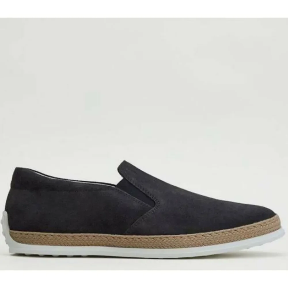 Tods Black Suede Rope Edge Mens Elasticated Side Panel Flat Rubber Loafer Sz 6